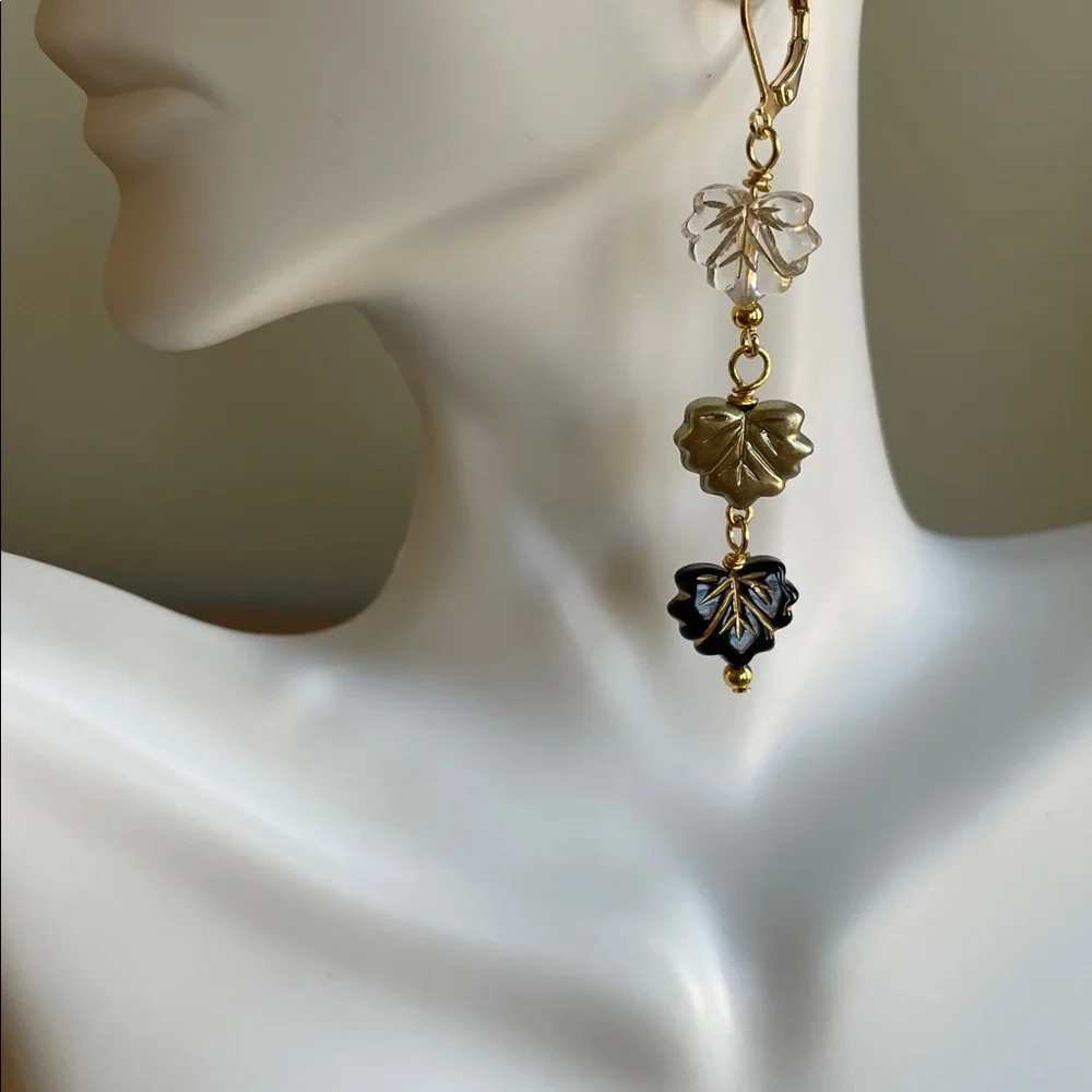 HAND CRAFTED FALLING LEAVES DANGLE EARRINGS Gold Black Clear Autumn Cottagecore